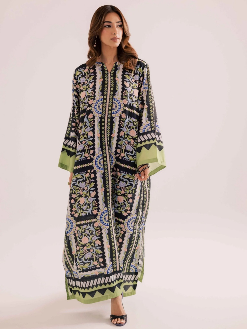 Printed Raw Silk Kaftan Artisan Maxi with sleeves Pakistani Indian dress Small